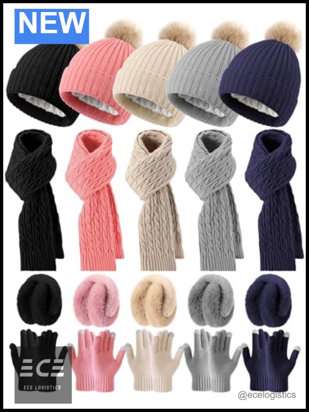 Women's 20 Pc Winter Beanie Hat Scarf Gloves Earmuff Set Acrylic Knit Pompom